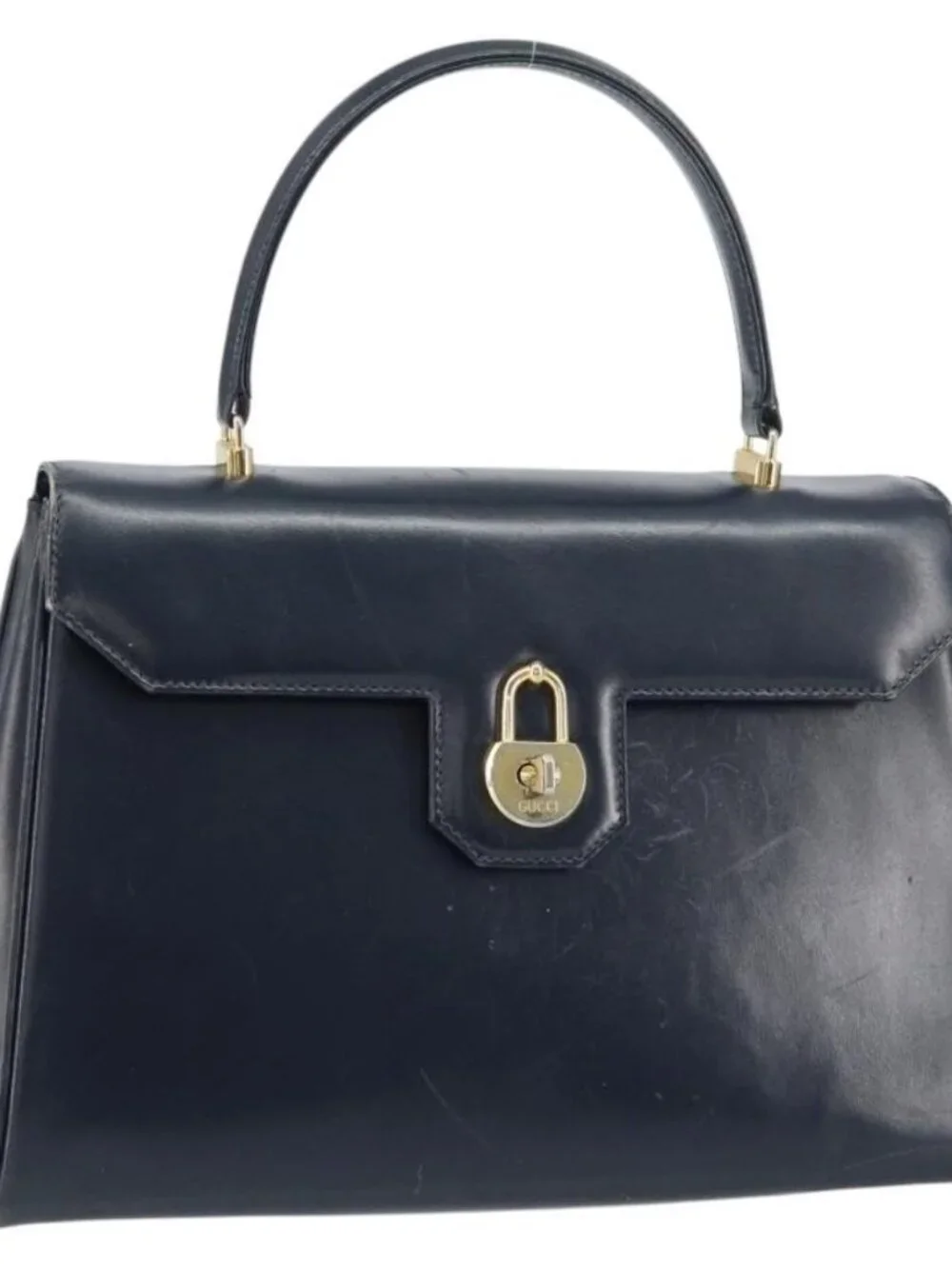 GUCCI Hand Bag Leather Navy Gold Auth